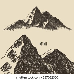 Contours of the mountains engraving vector illustration, hand drawn, sketch