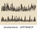 Contours of the mountains with fir forest, engraving vector illustration, hand drawn, sketch