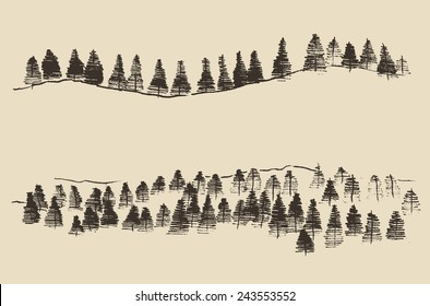 Contours the mountains and fir forest engraving vector illustration  hand drawn  sketch