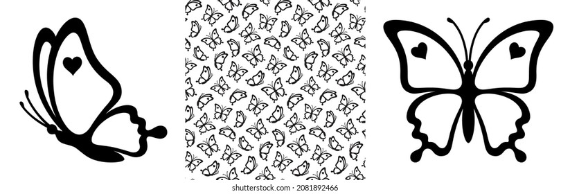 Contours of nice butterflies with hearts and seamless pattern isolated on a white background. Contours of butterflies are great for print gift paper, wedding greeting cards and textile