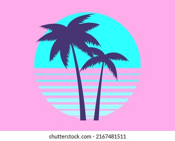 Contours of palm trees at sunset in the style of the 80s. Palm trees and blue sun on a pink background. Design for printing advertising banners and posters. Vector illustration