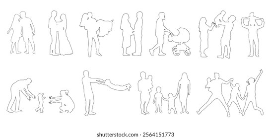 Contours of people, parents with children, wedding, birth of child, the first steps of  child, love. Vector illustration