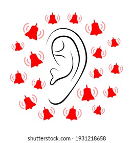 Contours of person's ear and plenty of small ringing red bells around it. Concept of hearing problem or diseases of hearing organs, or neurology problems