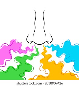 Contours of person's nose and different smells around. Concept of sense of smell and smell recognition, healthy olfactory system, the ability to distinguish various aromas