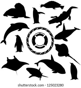 Contours of sea inhabitants. Black and white illustration.