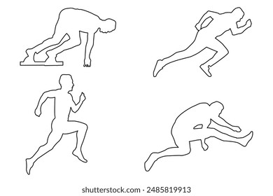 Contours Silhouettes of Running Men, Outline Collection, Line art Sports Silhouettes, Athletic, Sprint, Run, Sprinter, Vector illustration, Lifestyle, Marathon