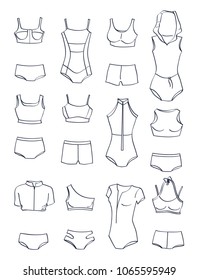 Contours of sports swimwear, one-piece swimsuits and two-piece bathing suits,many different models, isolated on white background