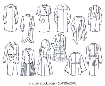 Contours of spring women's coats,different and beautiful styles, isolated on white background