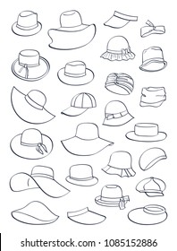 Contours of summer hats, large number of styles, isolated on white background