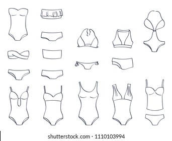 Contours of  swimwear, one-piece swimsuits and two-piece bathing suits,many different models, isolated on white background 