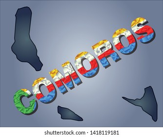 The contours of territory of Comoros islands and Comoros word in colours of the national flag, blue, yellow, white, green and red. Africa continent