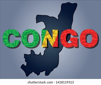 The contours of territory of Congo and Congo word in colours of the national flag, green, yellow and red. Africa continent