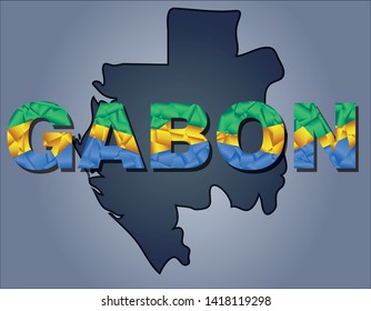 The contours of territory of Gabon and Gabon word in colours of the national flag, blue, yellow and green. Africa continent