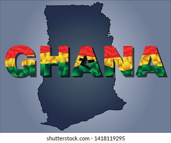 The contours of territory of Ghana and Ghana word in colours of the national flag, green, yellow and red. Africa continent