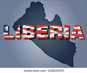 The contours of territory of Liberia and Liberia word in colours of the national flag, red, white and blue. Africa continent