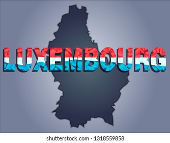 The contours of territory of Luxembourg in grey colours and word Luxembourg in colors of the oficial flag, red, white and blue