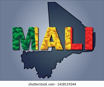 The contours of territory of Mali and Mali word in colours of the national flag, red, yellow and green. Africa continent