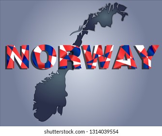 The contours of territory of Norway in grey colours and word Norway in colors of the oficial flag, red, blue and white