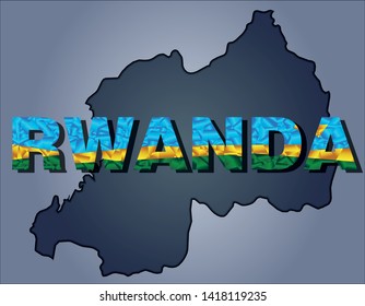 The contours of territory of Rwanda and Rwanda word in colours of the national flag, green, blue and yellow. Africa continent