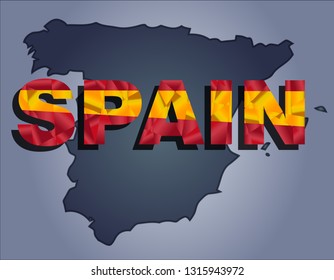 The contours of territory of Spain in grey colours and word Spain in colors of the oficial flag, yellow and red