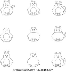 Contours of thick cartoon animals (cat, dog, raccoon, penguin, panda, red panda, rabbit, pig and fox). The outline of nine fat animals. They sit and look straight