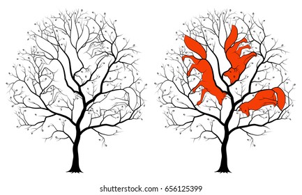 Contours of three hidden foxes among tree branches, a black silhouette on a white background. Children's picture is a riddle with solution.
