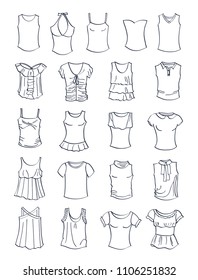 Contours of t-shirts and tank tops for girls, summer clothing, isolated on white background