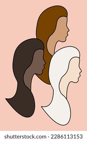 contours without a face of three women of different races standing side by side. Dark-skinned with black hair, yellow-skinned with brown hair, and light-skinned with blond hair. Friendship of peoples 