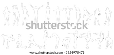 Contours of a woman practicing different workout positions and stretching exercises, set. Vector illustration.