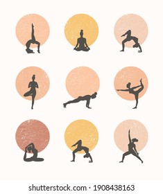 Contours of women in the yoga poses on a circle background. Trend contemporary poster.