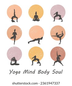 Contours of women in the yoga poses on a circle background. Trend contemporary poster. Yoga Mind Body Soul