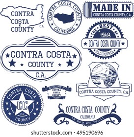 Contra Costa county, California. Set of generic stamps and signs including Contra Costa county map and seal elements.