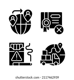 Contraband black glyph icons set on white space. People smuggling. Cigarettes illegal trading. Import restrictions and regulations. Silhouette symbols. Vector isolated illustration