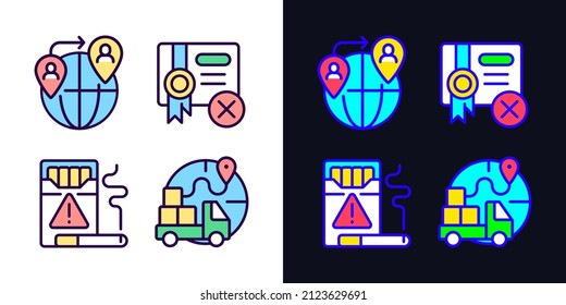 Contraband light and dark theme RGB color icons set. People smuggling. Cigars trading. Import restrictions. Simple filled line drawings pack on white and black space. Editable stroke. Pixel perfect