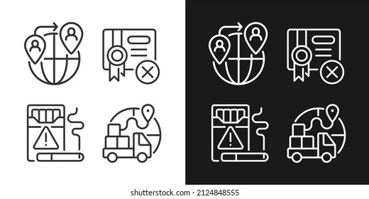 Iconos de contraste y lineales establecidos para el modo oscuro y luminoso. contrabando de personas. Comercio de cigarrillos. Símbolos de línea delgada personalizables. Ilustraciones aisladas del contorno vectorial. Trazo editable. Píxel perfecto