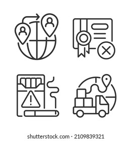 Contraband linear icons set. People smuggling. Cigarettes illegal trading. Customizable thin line contour symbols. Isolated vector outline illustrations. Editable stroke. Pixel perfect
