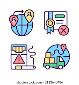 Contraband RGB color icons set. People smuggling. Cigarettes illegal trading. Import restrictions. Isolated vector illustrations. Simple filled line drawings collection. Editable stroke. Pixel perfect