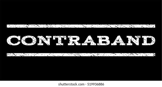 Contraband watermark stamp. Text caption between horizontal parallel lines with grunge design style. Rubber seal stamp with dirty texture. Vector white color ink imprint on a black background.