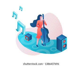 Contrabass 3d isometric vector illustration, woman playing double bass at concert, girl at music festival template