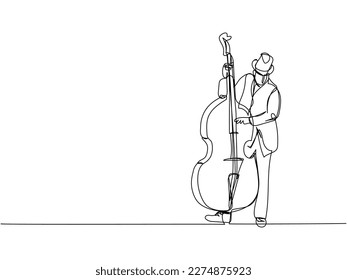 Contrabass, double bass and musician one line art. Continuous line drawing of musical, melody, violin, vintage, music, retro, symphonic, orchestra, fiddle, viola, symphony, cello, musician, string.