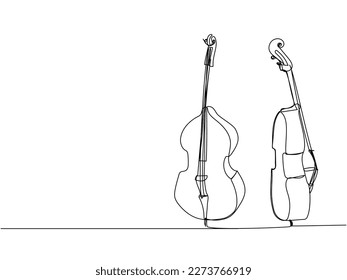 Contrabass, double bass one line art. Continuous line drawing of musical, melody, violin, vintage, music, retro, symphonic, orchestra, playing, instrument, viola, symphony, cello, musician, string.