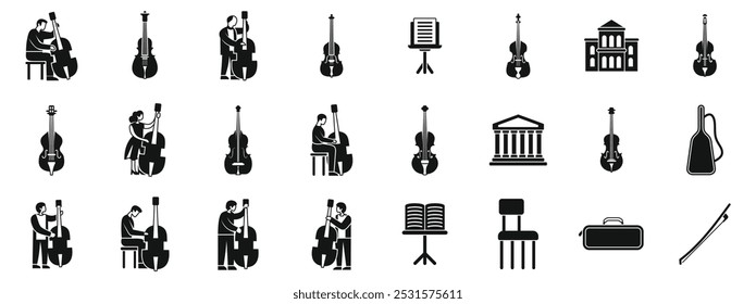 Definição de ícones de contrabaixo. Músicos tocando e aprendendo instrumentos de contrabaixo conjunto de ícones. Conjunto simples de músicos tocando e aprendendo contrabass instrumentos ícones de vetor para web design