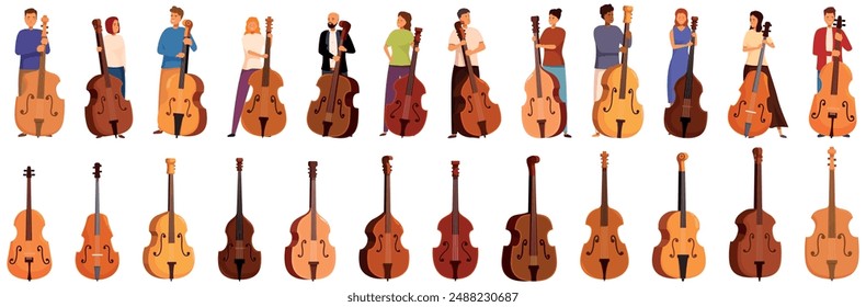 Contrabass icons set. Musicians and various acoustic bass instruments isolated on white background