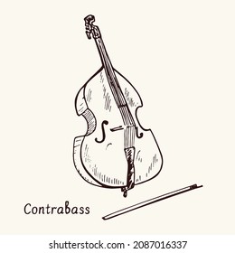 Contrabass. Ink black and white doodle drawing in woodcut style with inscription.