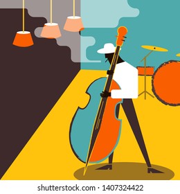 Contrabass musician. Jazz music performance poster template. Vector illustration in flat style.
