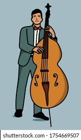 Contrabass player. Blues or jazz musician plays a contrabass. Element for flyer, posters of festival jazz music, jazz band performances. Vector illustration