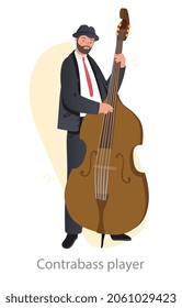 Contrabass player concept. Man holds large bow instrument with strings and plays beautiful melody. Professional jazz musician. Cartoon modern flat vector illustration isolated on white background