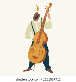 Contrabass player. Jazz or blues musician plays a contrabass. Element for flyer, posters of festival jazz music, jazz band performances. Isolated object. Vector illustration. 