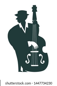 Contrabassist player silhouettes vector illustration. Contrabassist player characters cartoon flat style. Isolated on white background