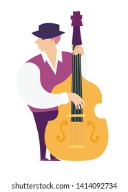 Contrabassist player vector colorful illustration. Contrabassist player characters cartoon flat style. Isolated on white background